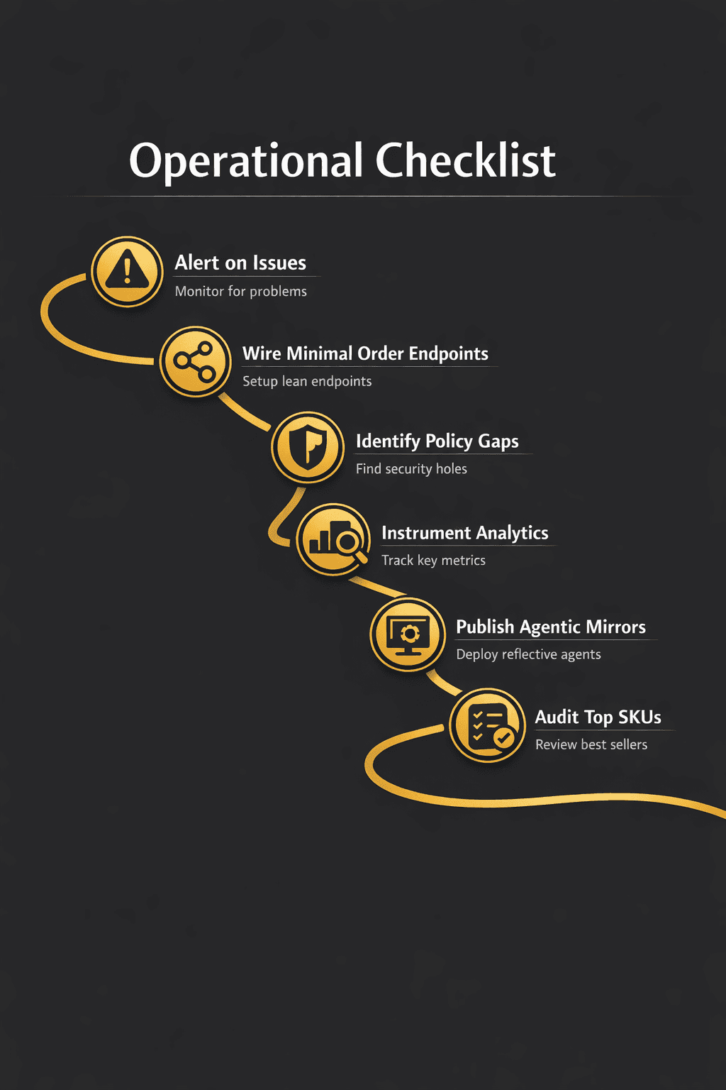 Operational checklist diagram showing steps to prepare ecommerce systems for AI-driven sales, including auditing SKUs, analytics, and order endpoints.