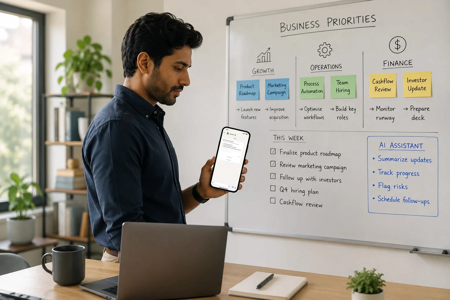 Founder using an AI chief of staff and AI assistant to coordinate business priorities 2026