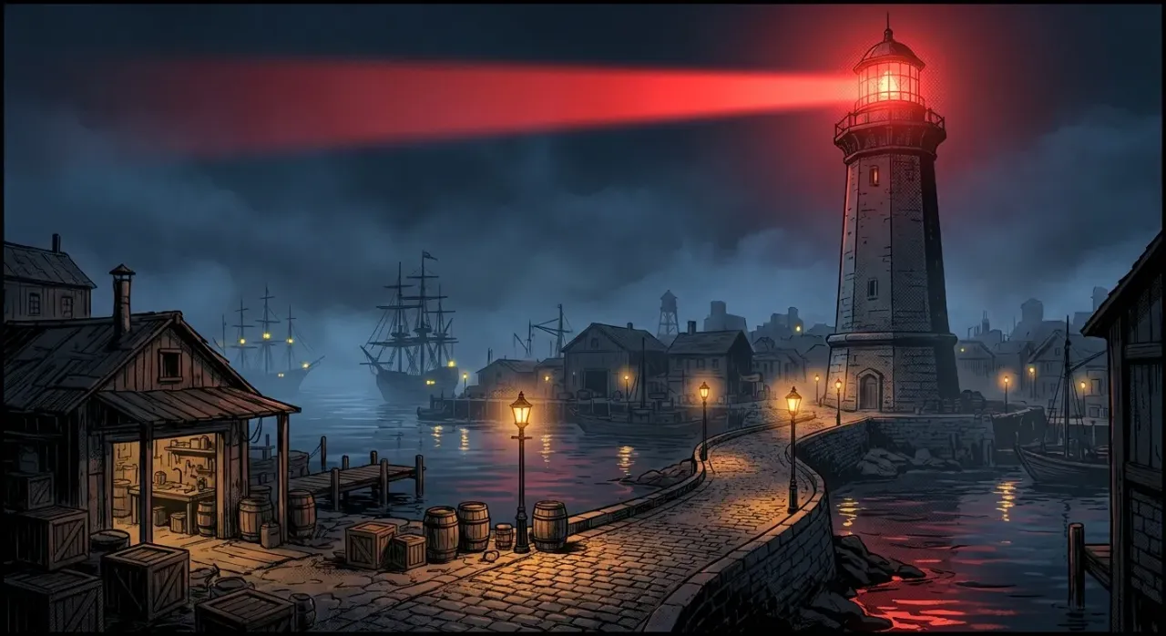 Lighthouse glowing at night; RockN' Socials Digital Marketing Agency theme.