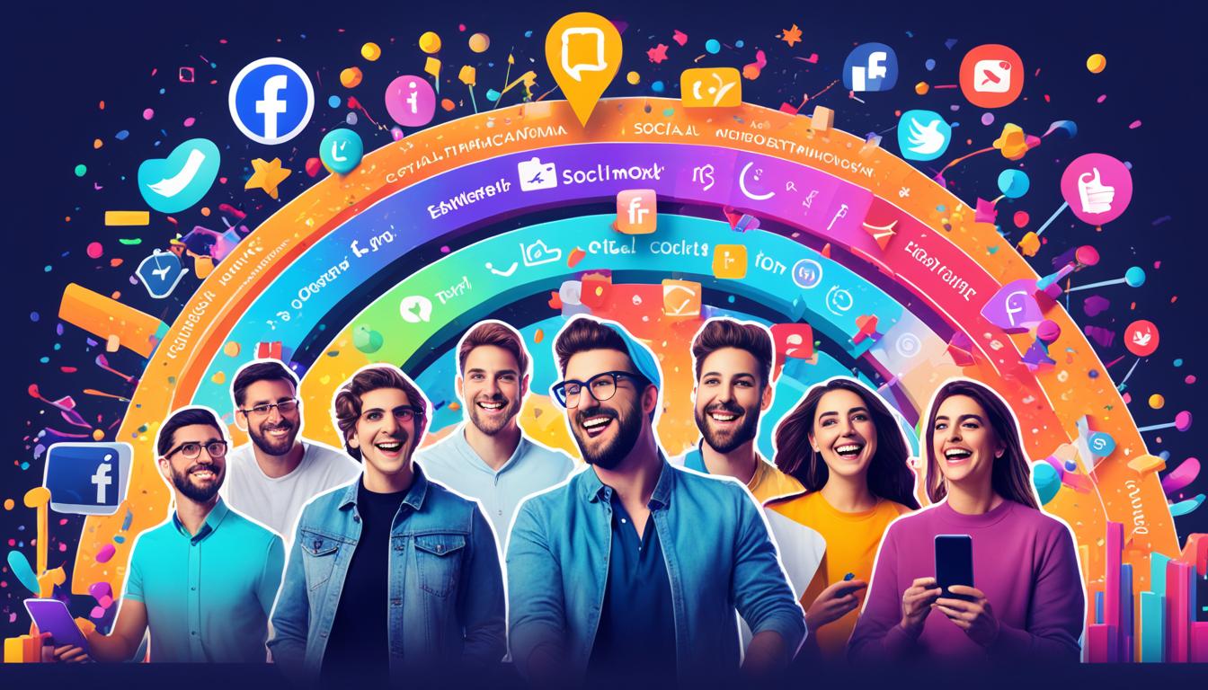 A colorful graph with a steep upward trendline representing the growth of social commerce, outlined by numerous logos of popular social media platforms such as Facebook, Instagram, and TikTok. Surrounding the graph are visual elements that evoke a sense of excitement and energy, like bursts of confetti, fireworks, and neon lights. In the foreground, a group of diverse individuals are depicted happily shopping on their phones, with emojis floating above their heads to represent their joy and satisfaction. The overall tone of the image should be upbeat and vibrant, conveying the message that social commerce is a fun and lucrative new frontier for businesses and consumers alike.