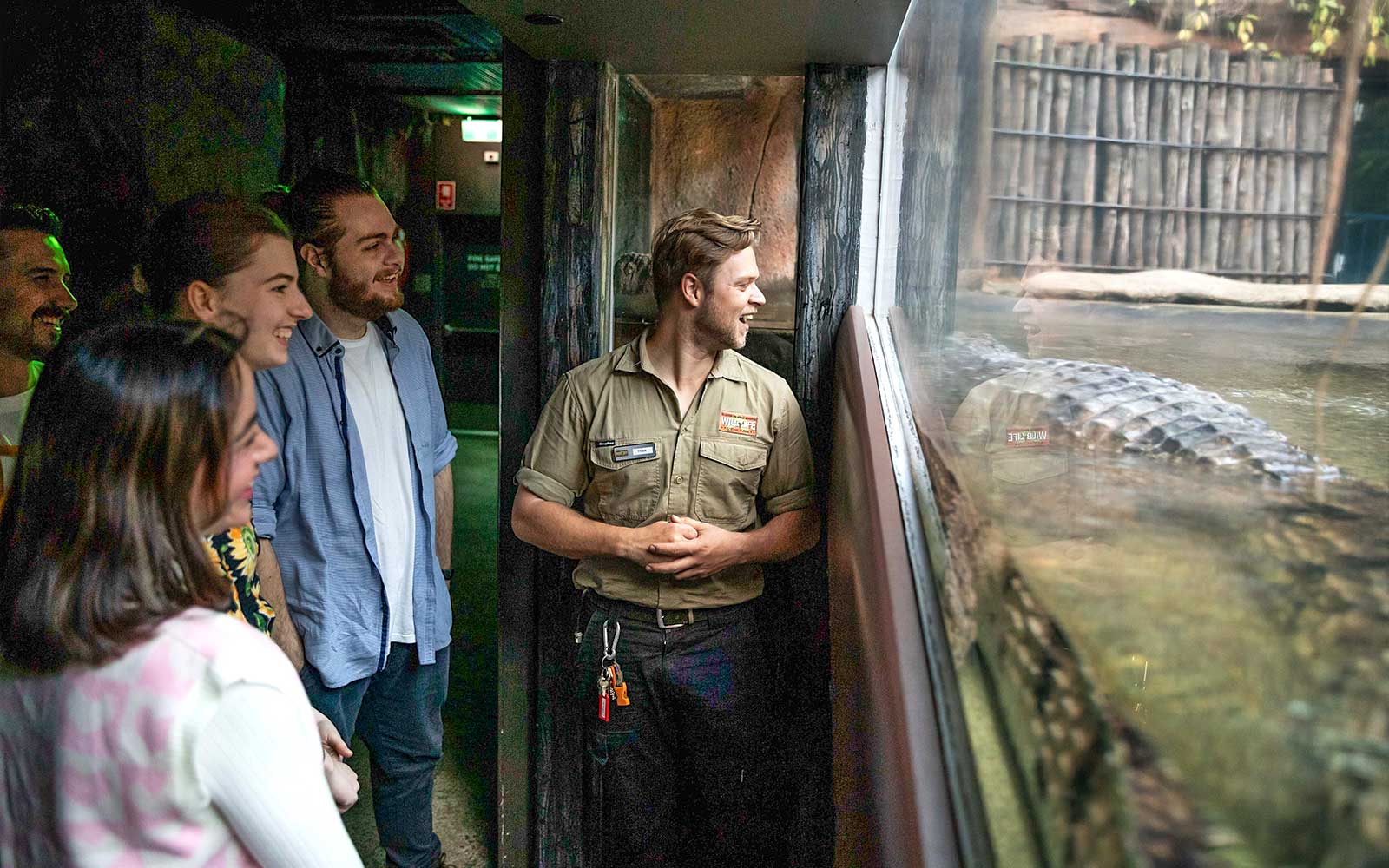 Guida esperta e visitatori osservano l'alligatore attraverso una finestra di vetro