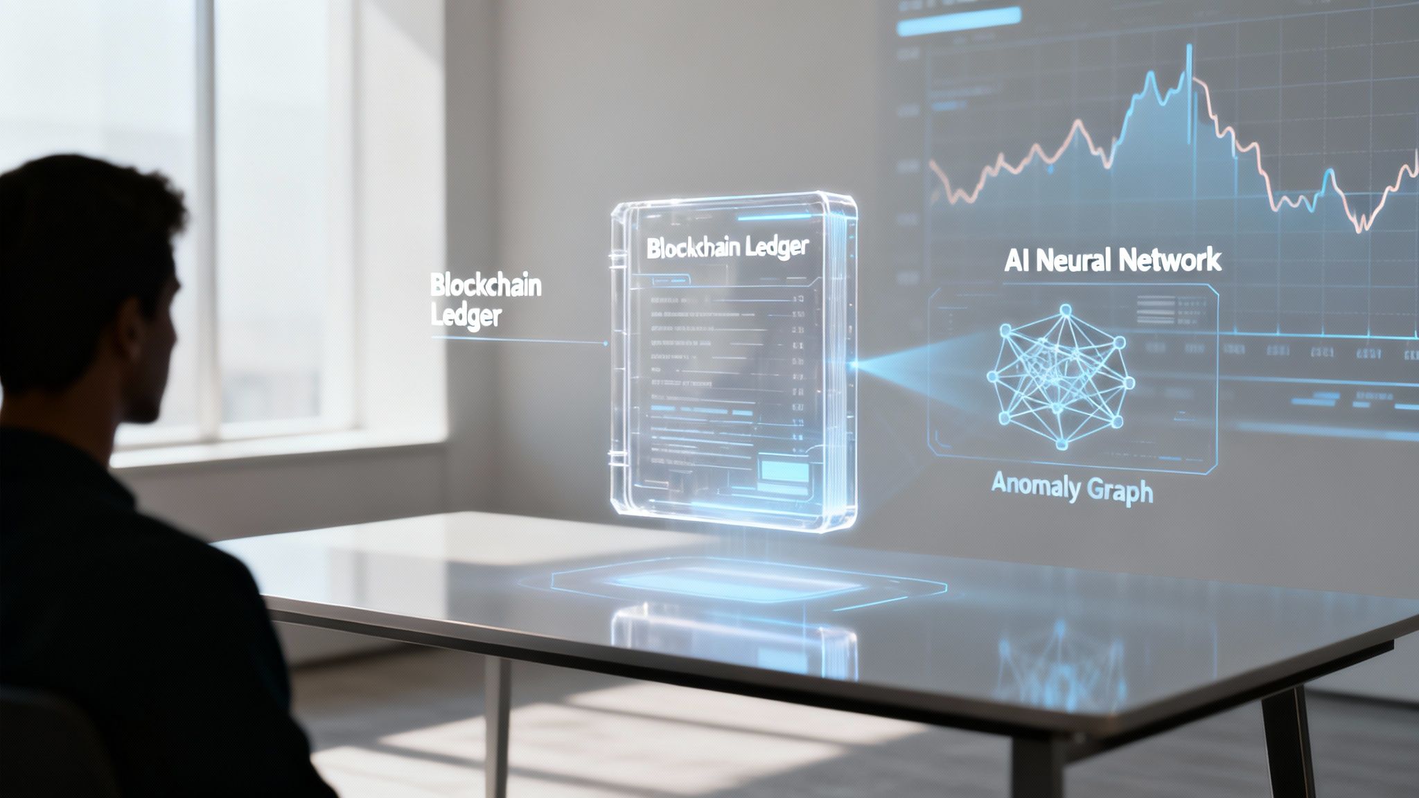 A person views holographic displays showing blockchain ledger data, AI neural network, and anomaly graphs.
