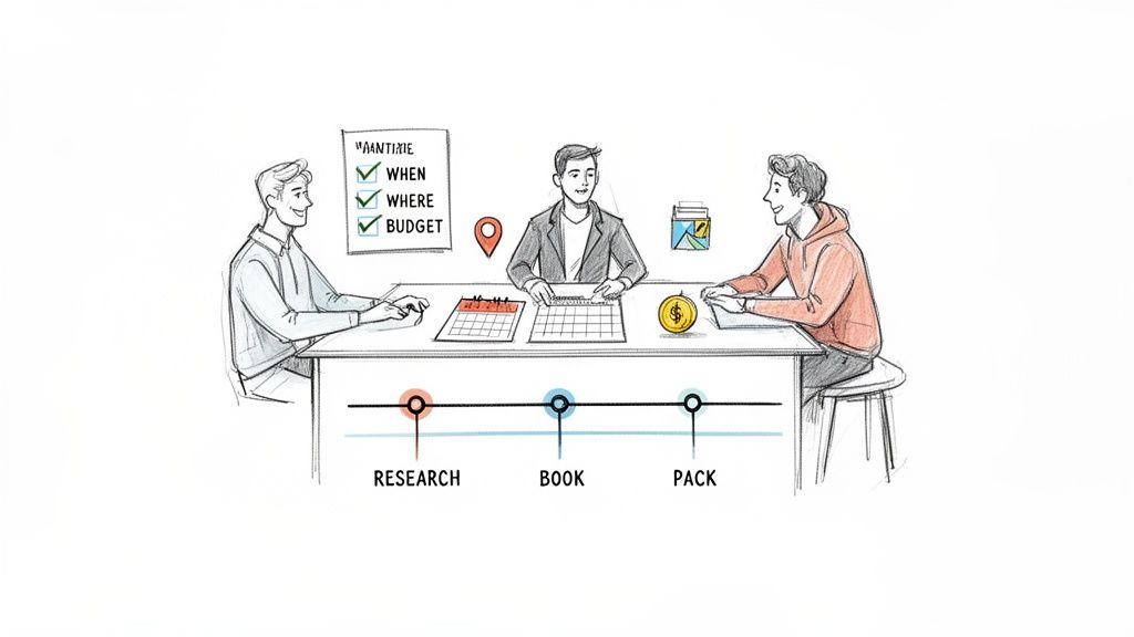 Three individuals collaborate on a trip plan, detailing research, booking, and packing stages.
