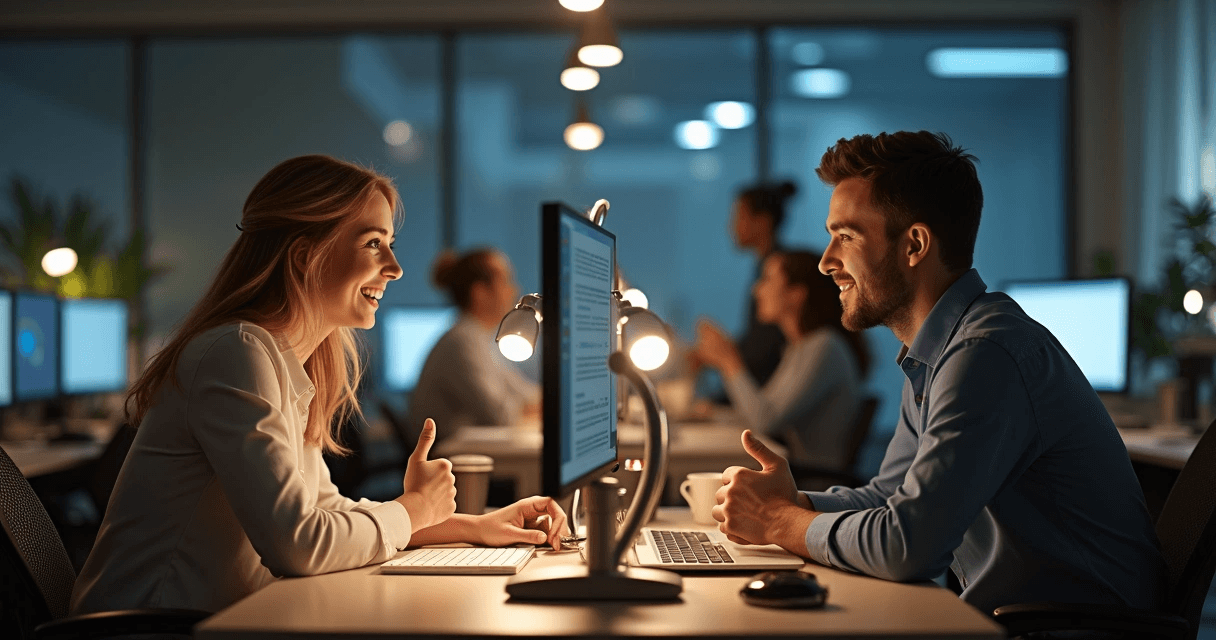 Dois colegas de trabalho compartilhando um cumprimento informal