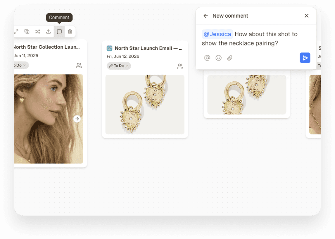 Marklo campaign review flow showing comment threads, task assignments, and status chips from Draft to Approved