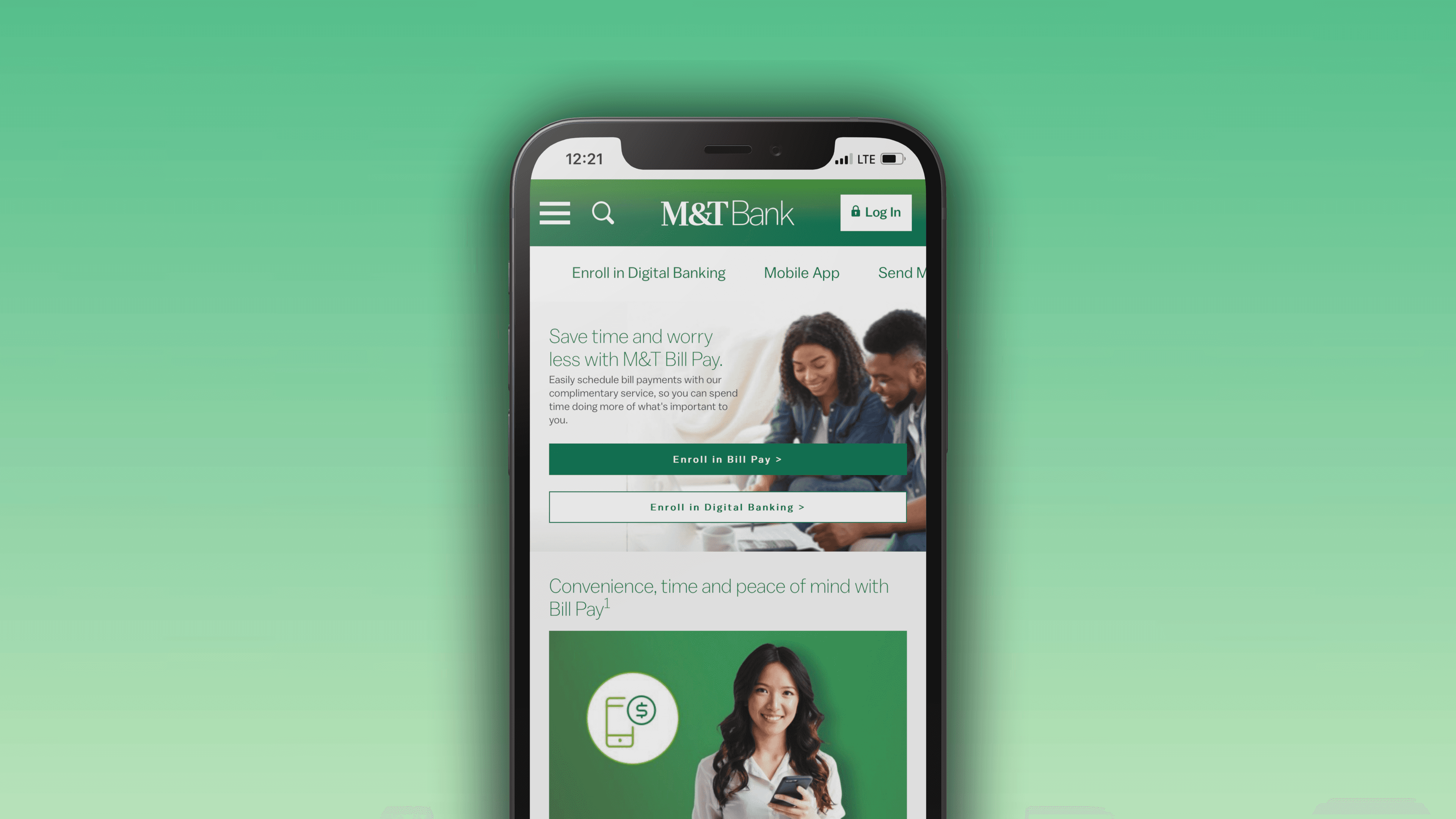 Screen from a mobile app being held by a hand on a green gradient background