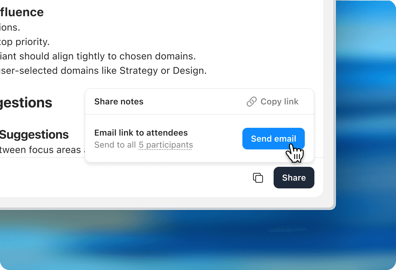 Radiant share menu showing the option to email a meeting notes link to all participants, with a Send email button highlighted.