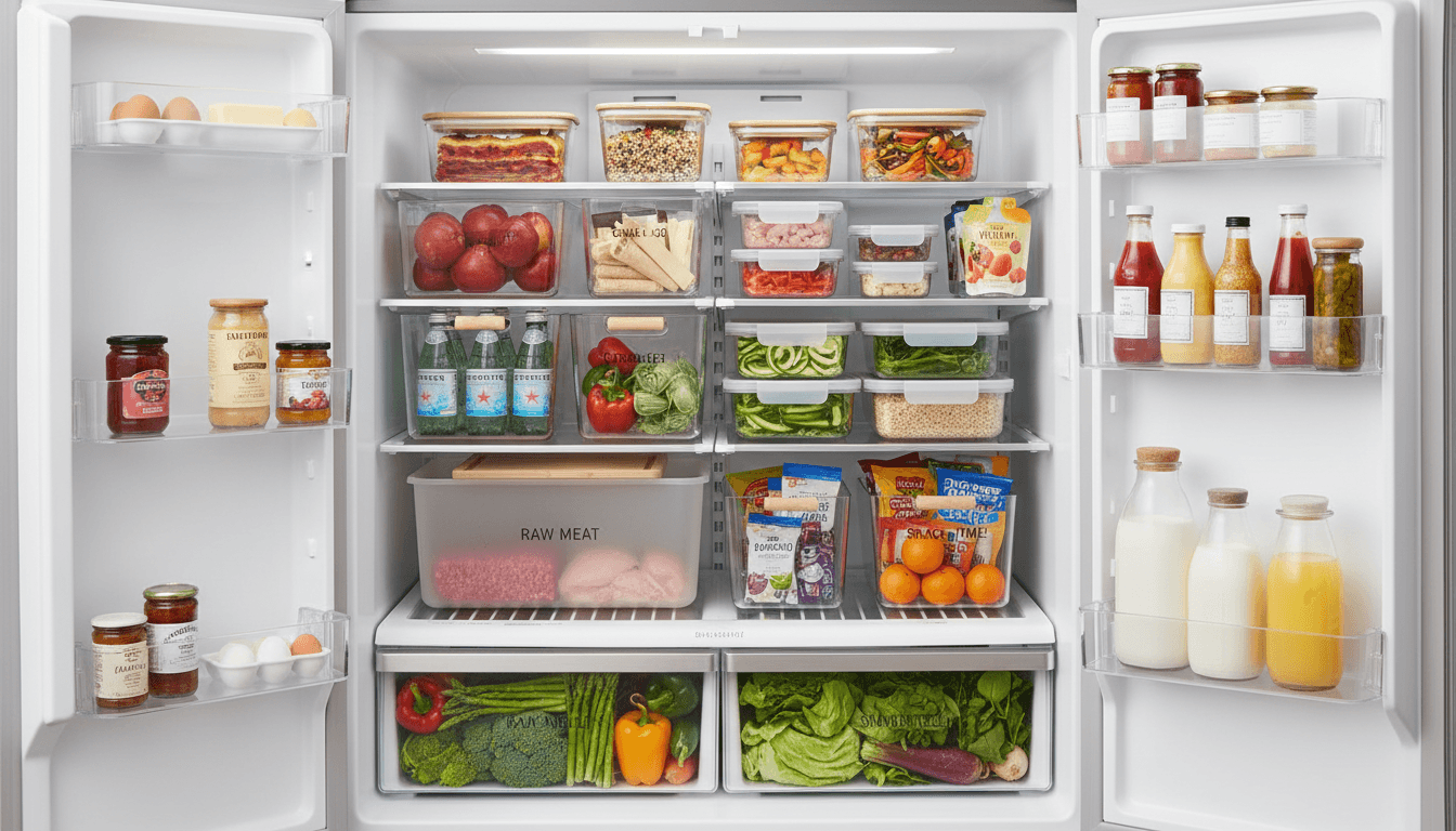 Organized refrigerator interior with clear containers of prepared meals, labeled "RAW MEAT" bin, fresh fruits and vegetables in crisper drawers, jars and condiments on doors, eggs, milk and orange juice for meal prep and food storage.