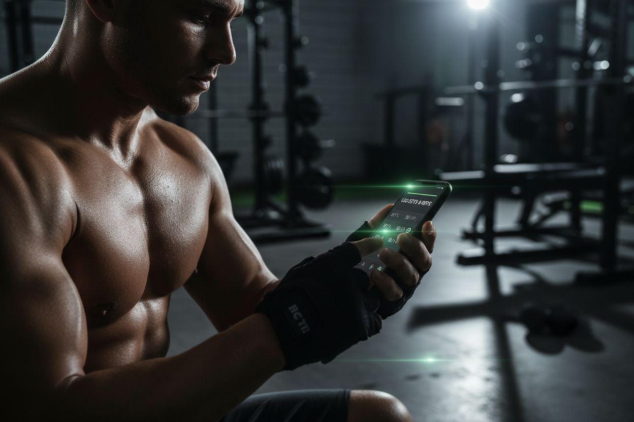 Person logging a workout on a smartphone in a gym