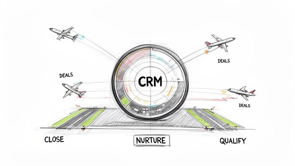 A visual metaphor showing airplanes representing deals moving through CRM stages: qualify, nurture, and close.
