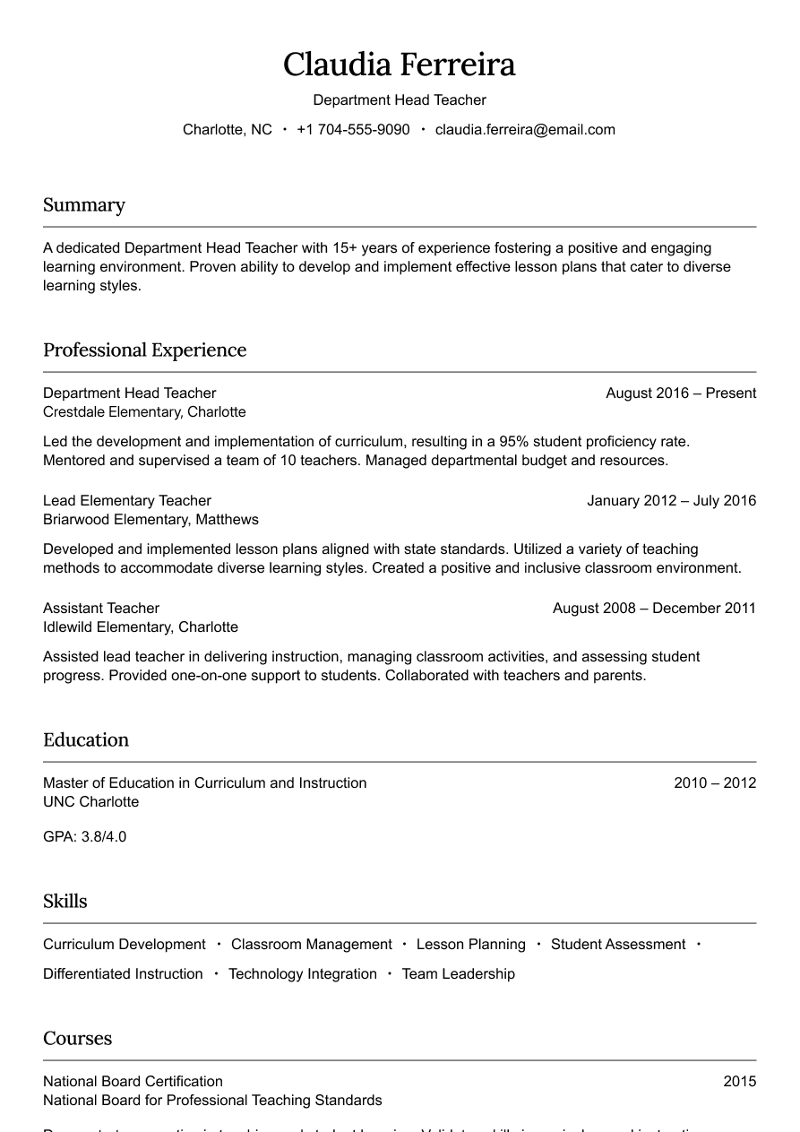 Department head teacher resume example