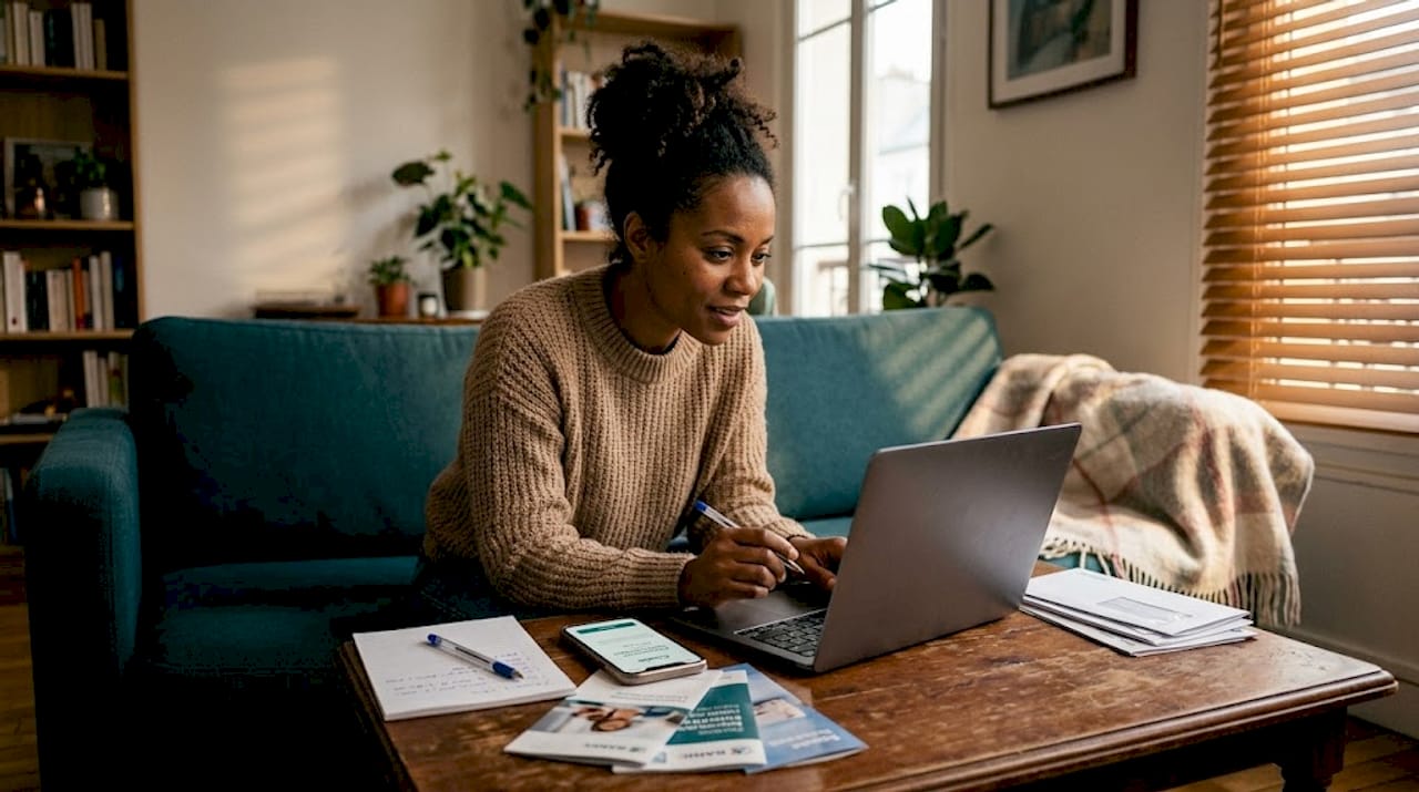 Une femme s’assure de la fiabilité d’une plateforme d’épargne avant d’y déposer son argent.