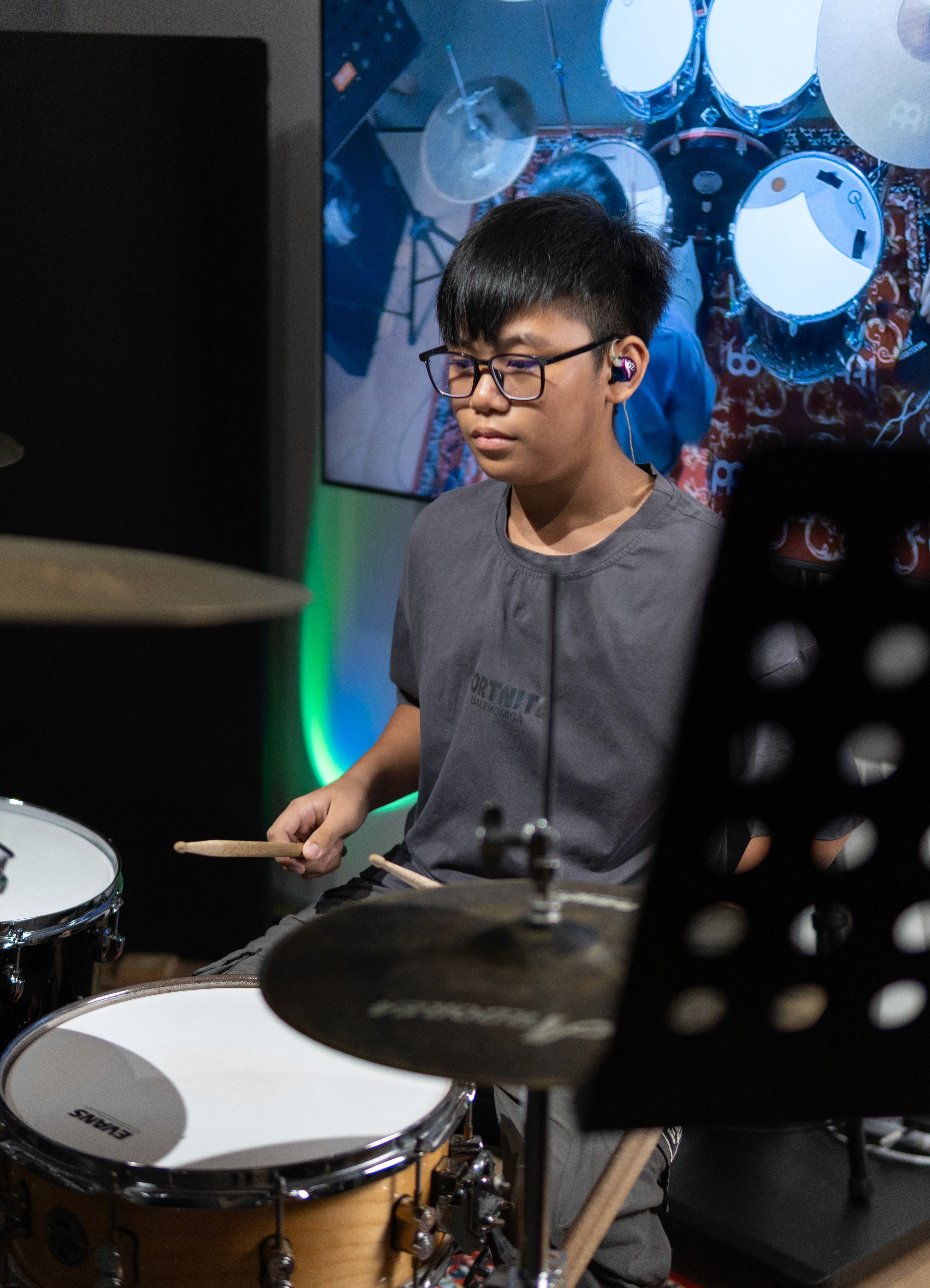 Drums at Catalyst Music Lab, monochrome studio photography
