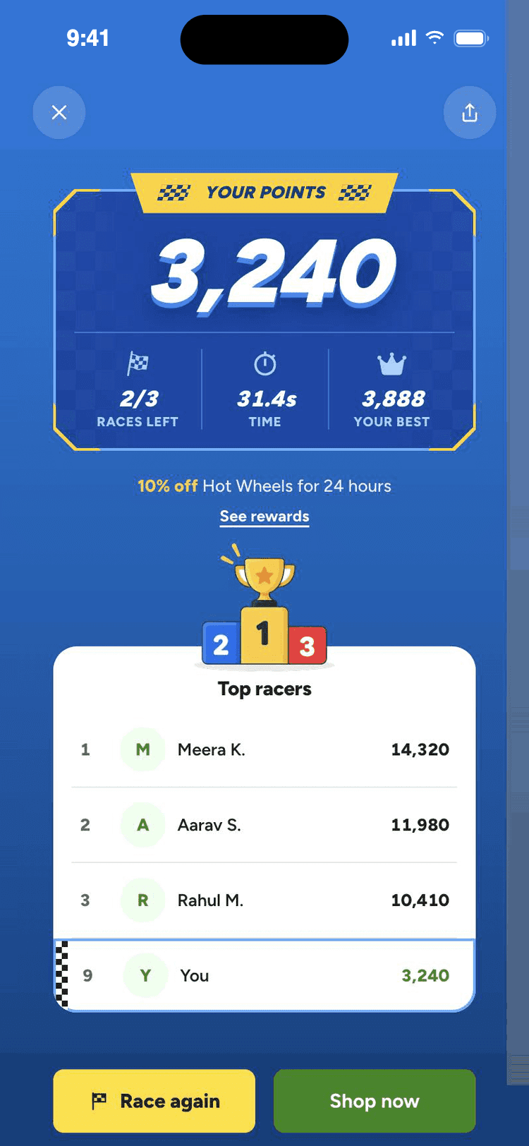 The final result screen