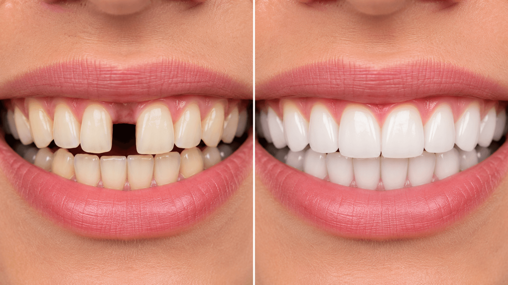 Before and after full mouth rehabilitation restoring damaged and missing teeth with implants and ceramic crowns.