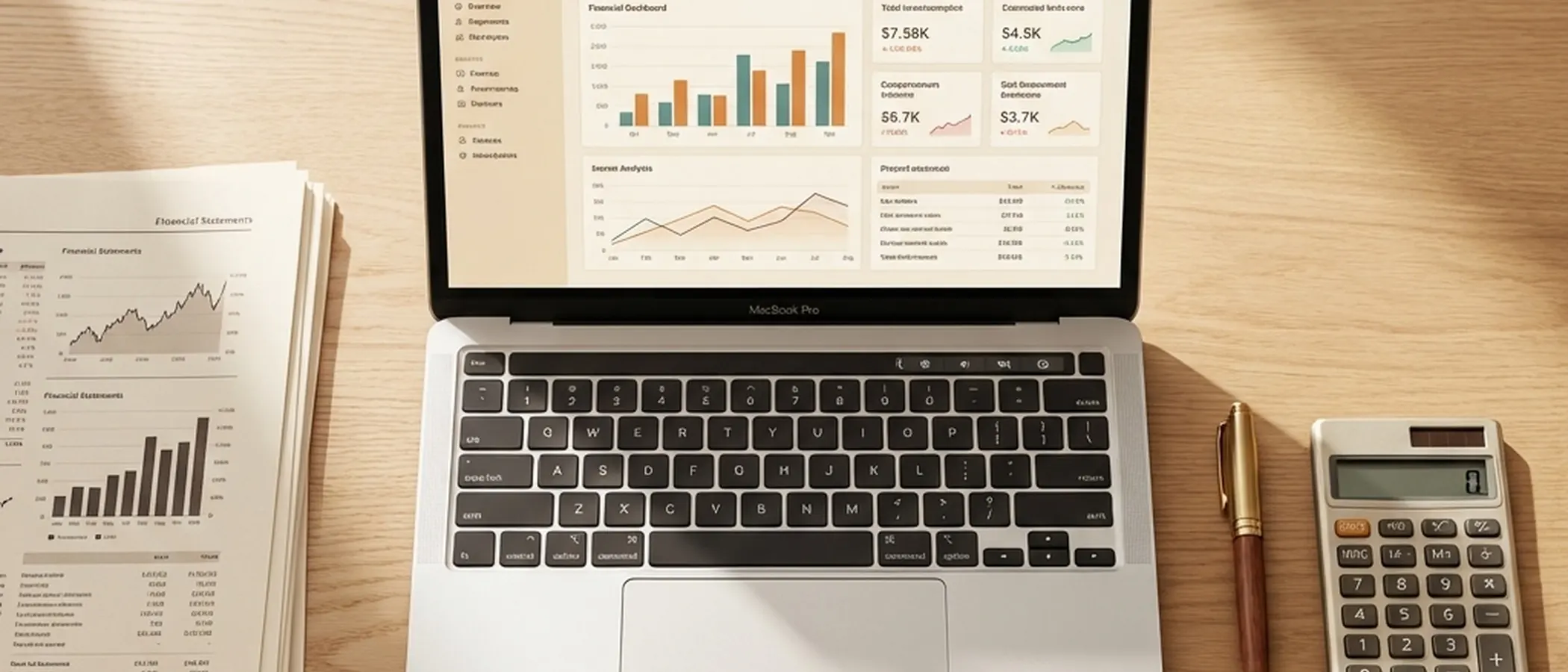 Laptop with financial dashboards, papers, pen, calculator