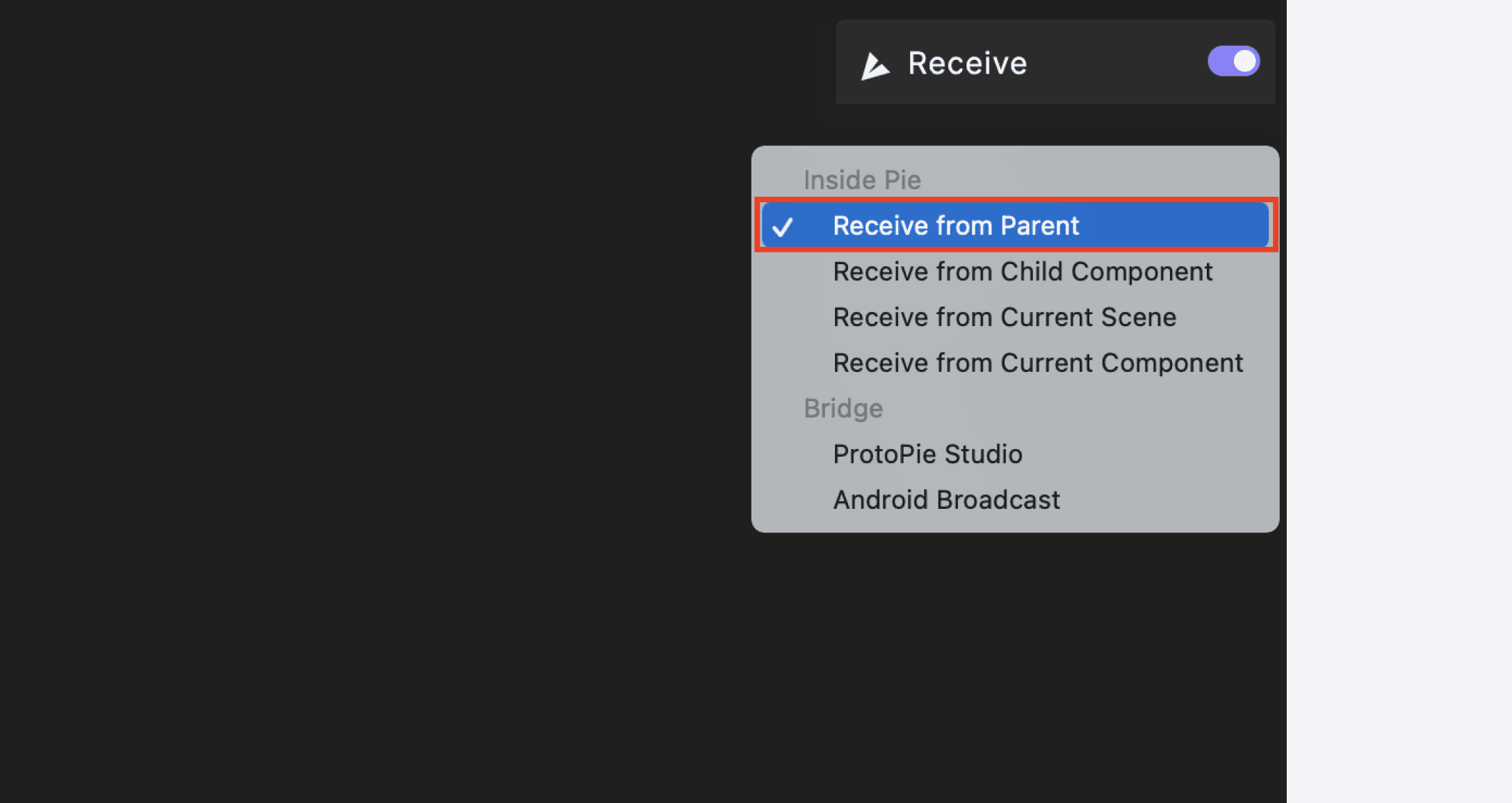 {'_type': 'localeString', 'en': 'receive from parent'}
