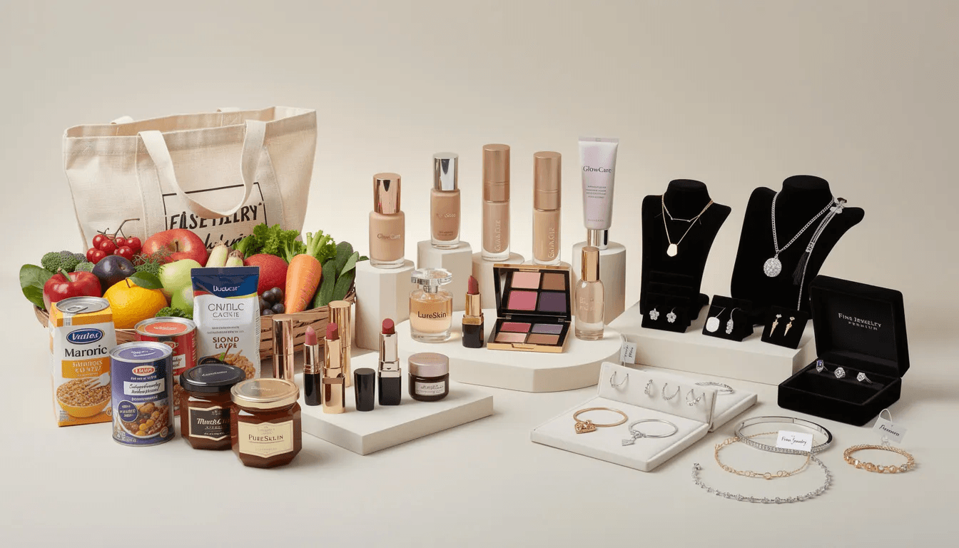 The image showcases a diverse collection of products, including groceries, cosmetics, and jewelry, symbolizing various ecommerce verticals. This assortment highlights the importance of understanding conversion rates and customer behavior in enhancing ecommerce performance across different industries.