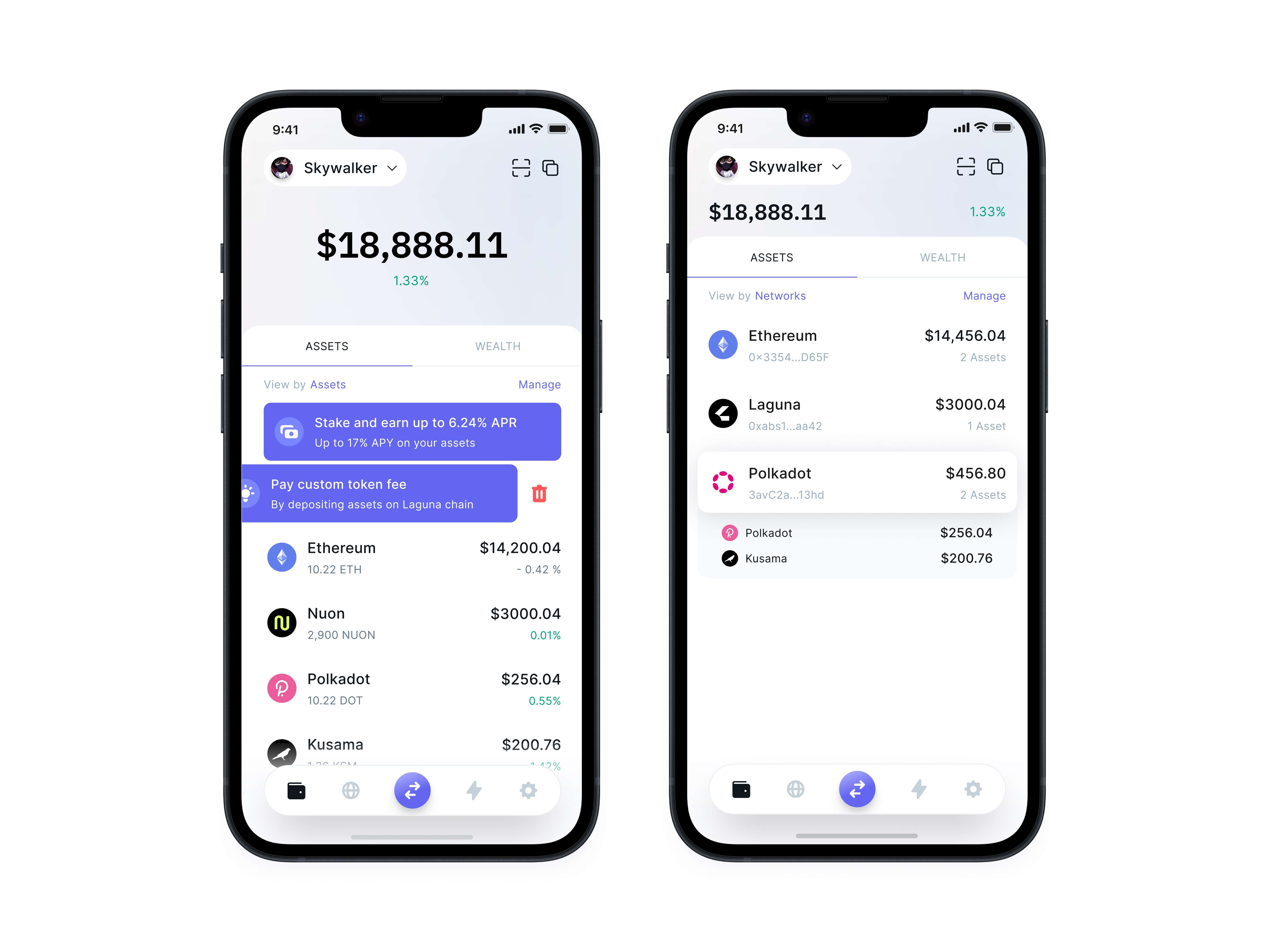 Laguna non-custodial wallet mobile interface showing user’s crypto asset dashboard across Ethereum, Nuon, Polkadot, and Kusama with staking and token fee options