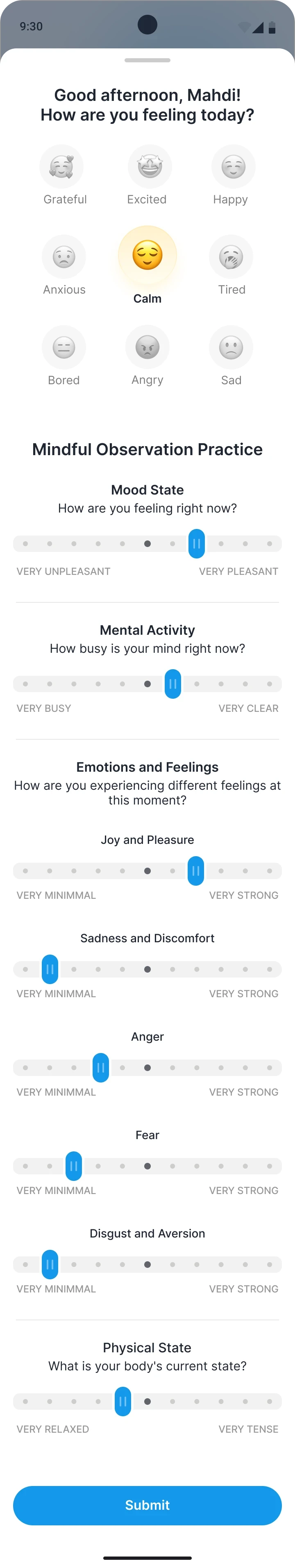 Detailed mood check-in with sliders for mood, mental activity and emotions