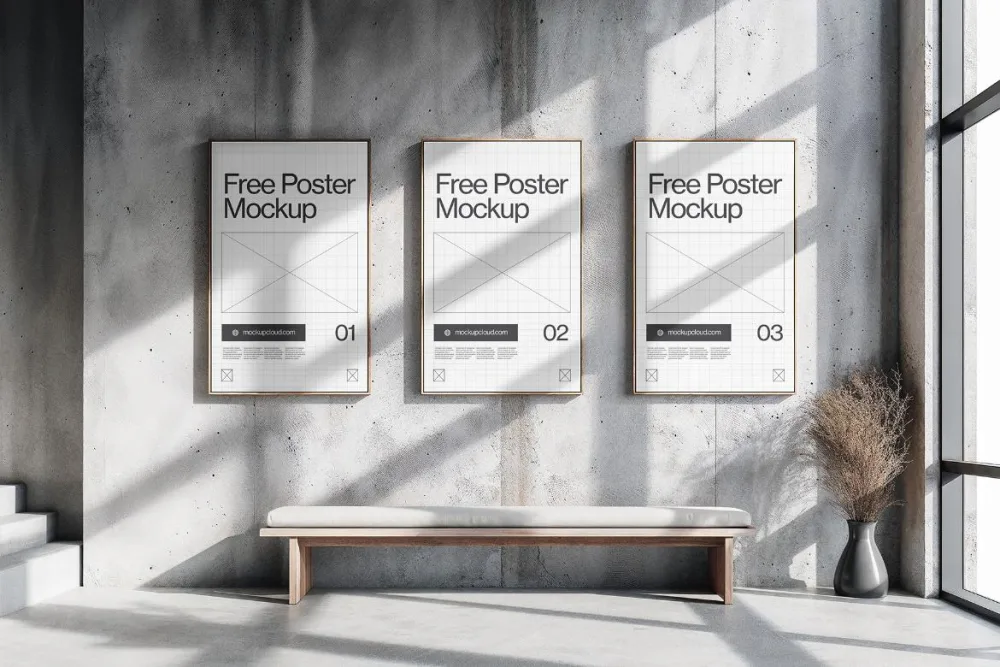 A set of three vertical poster mockups with orange gradient designs displayed on a concrete wall in a modern, sunlit room. Below the posters is a wooden bench with an orange cushion, next to a black vase with dried branches.