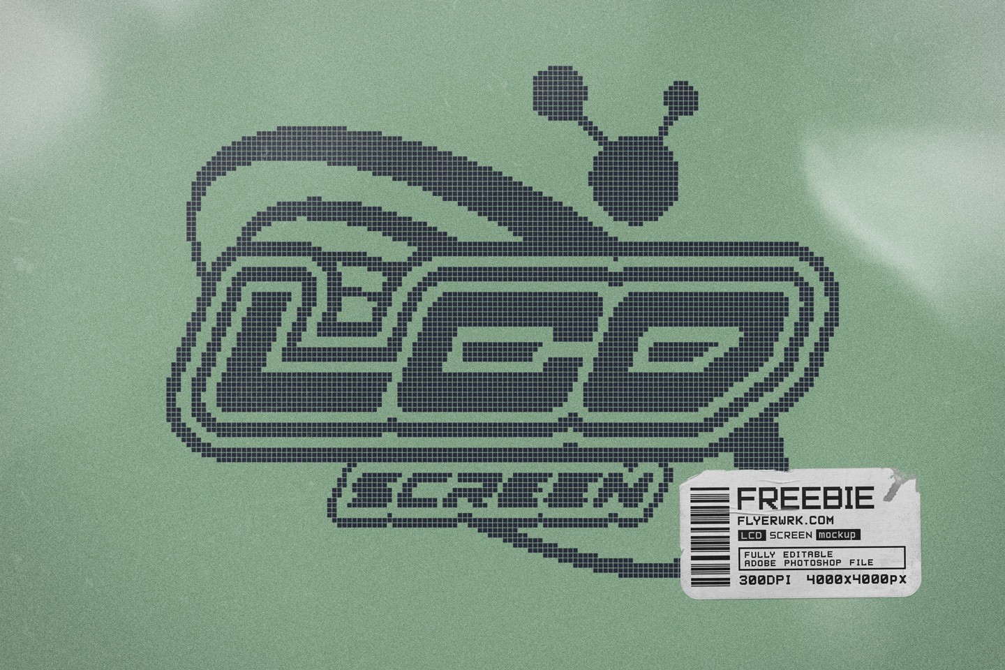 LCD Screen Pixel Grid Mockup featuring a dark grey digital logo on a grainy green screen background