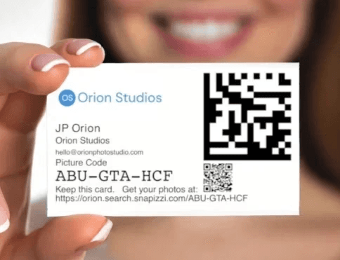 Close-up of Snapizzi QR code card used to match participants with their photos at school, sports, and event shoots