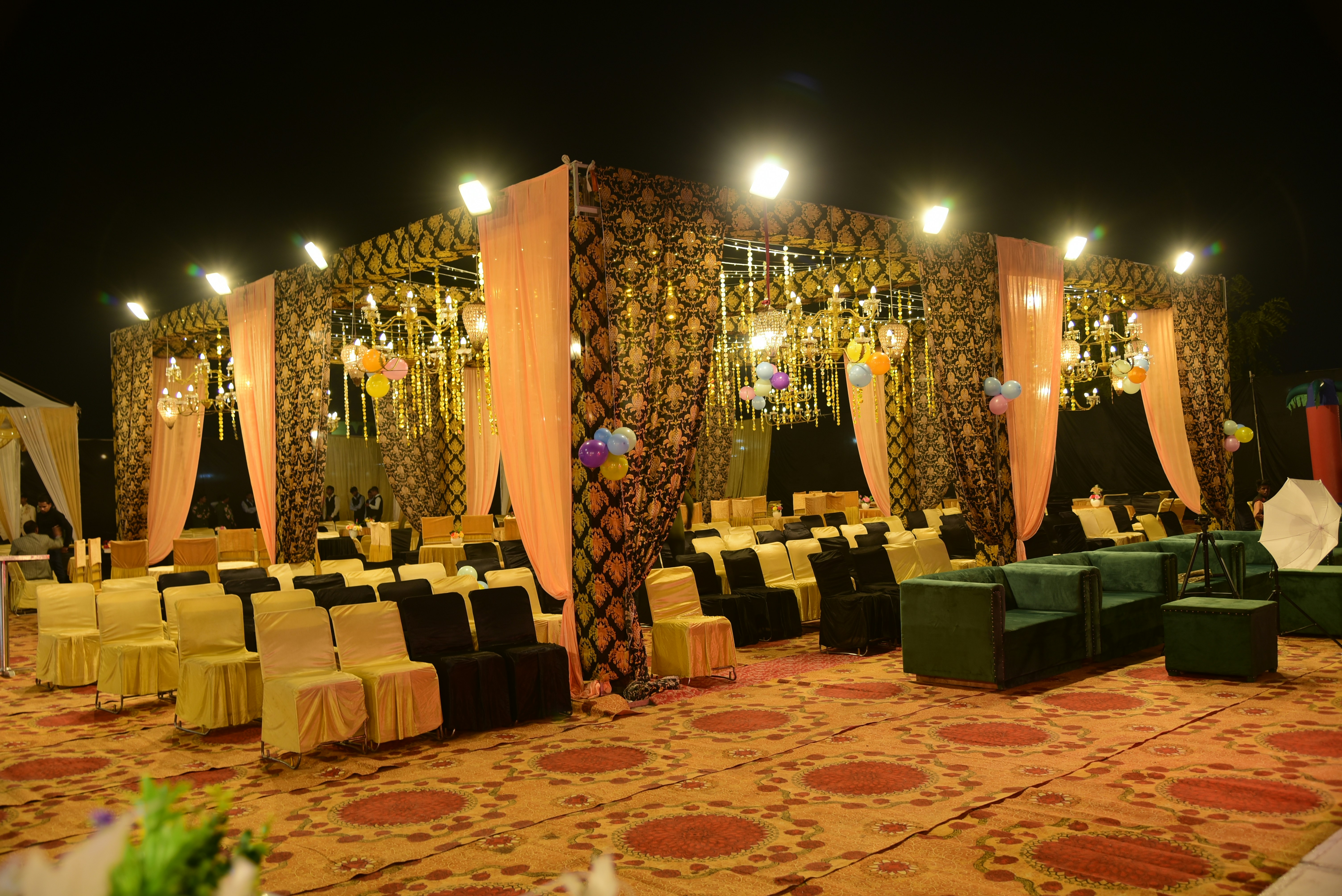 A banquet hall set up for an event