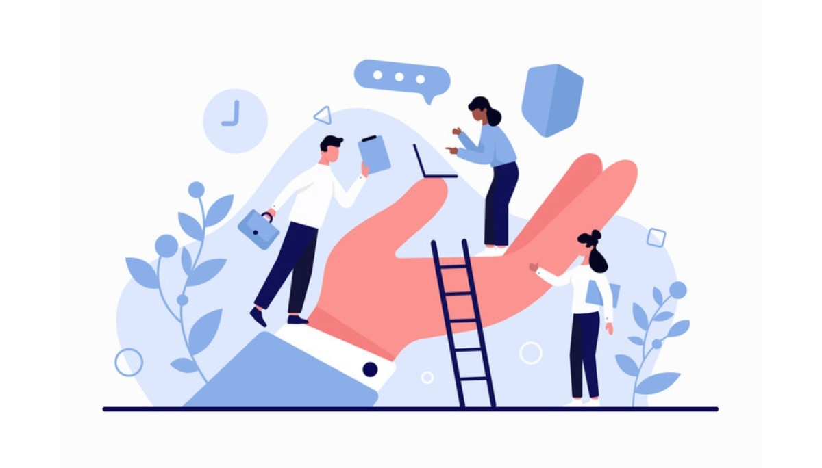 Illustration of a giant supporting hand holding three professionals as they climb, work on laptops, and carry documents, surrounded by icons like a clock, shield, and speech bubble.