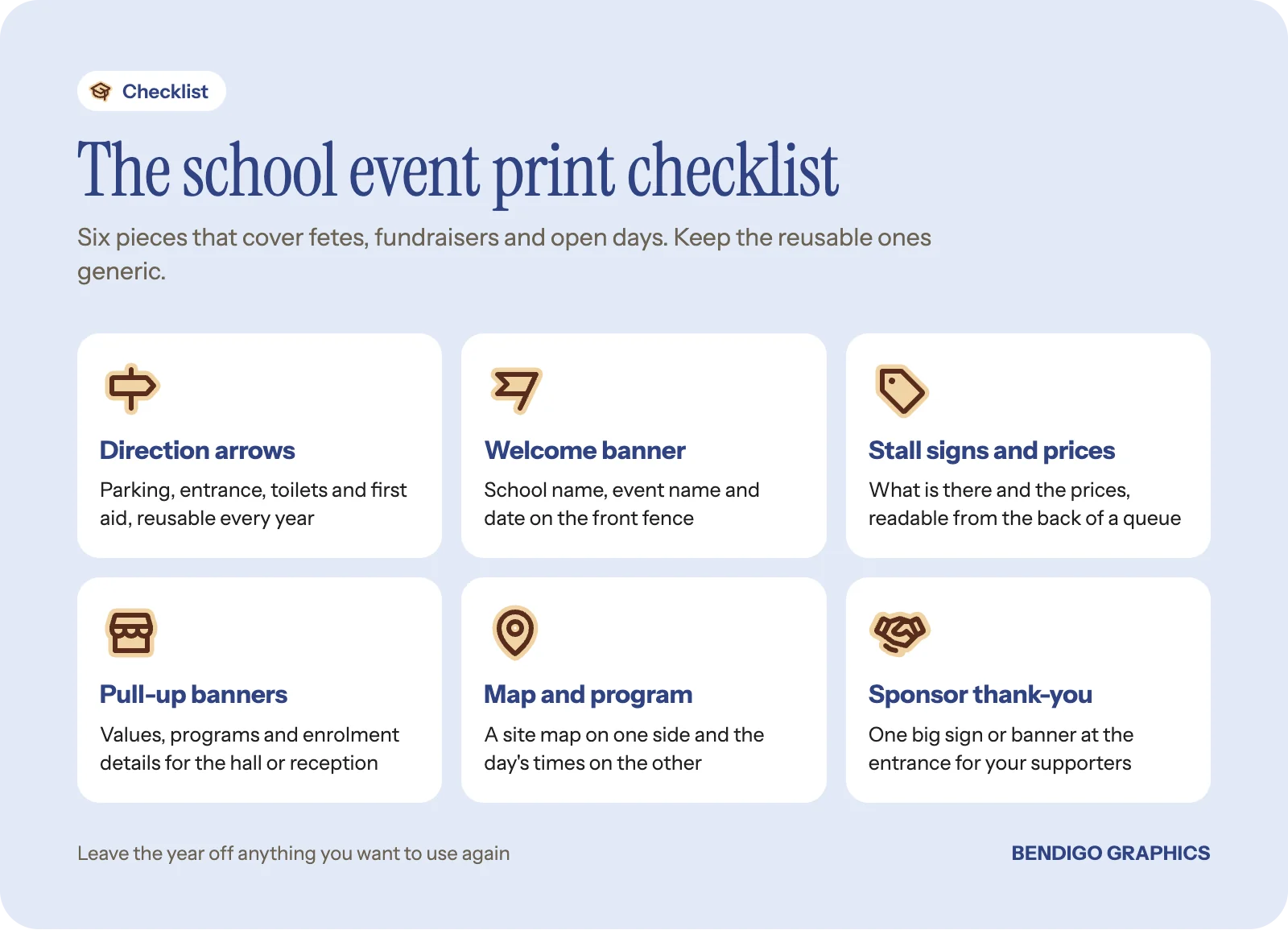 Checklist of school event printing: direction arrows, welcome banner, stall and price signs, pull-up banners, a visitor map and a sponsor sign