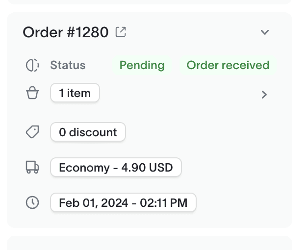 A fictive online order summary for Order #1280. It shows it's status, item count, discounts, shipping cost, and order date.
