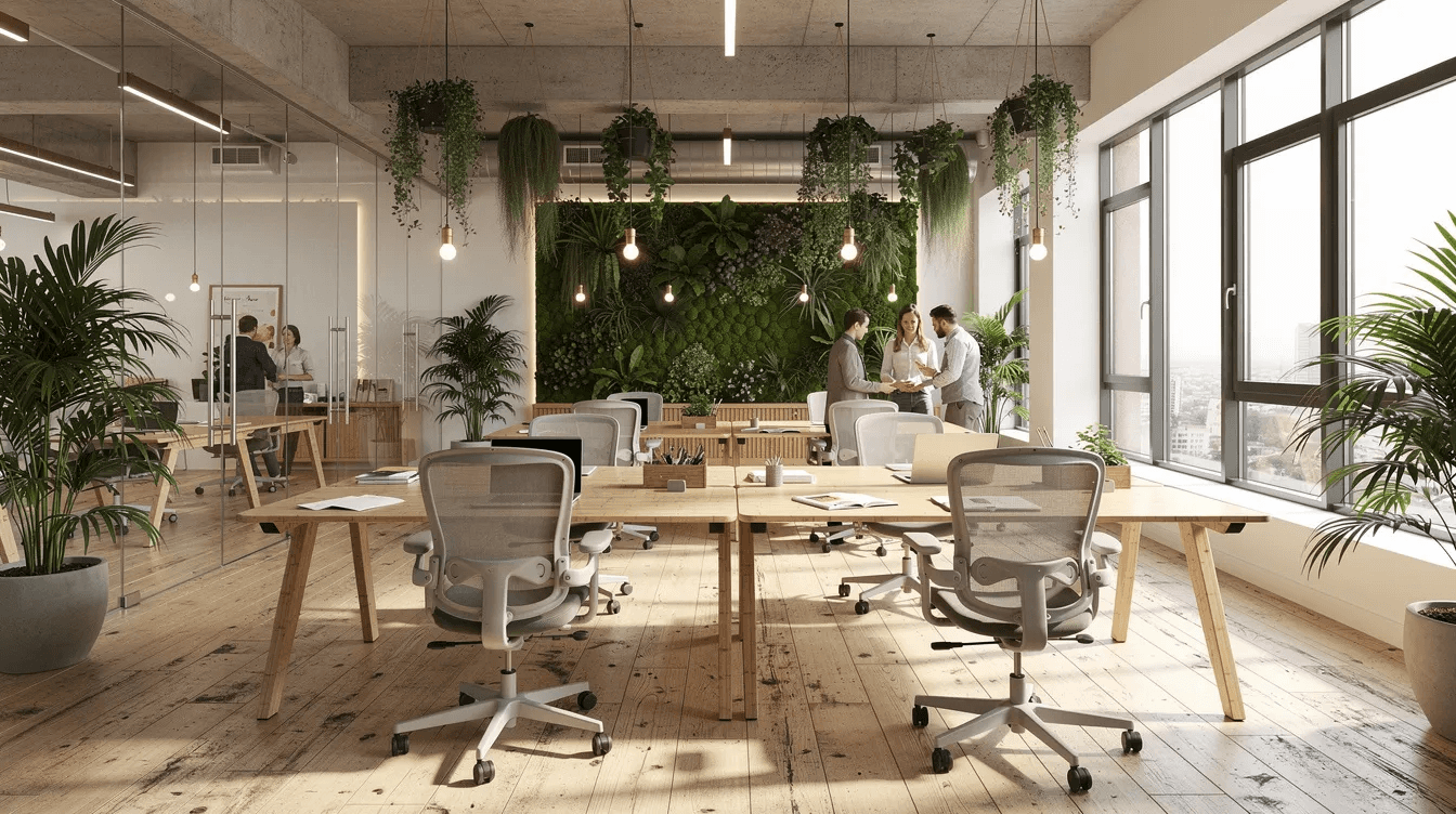 L'image montre un espace de bureau moderne et durable, baigné de lumière naturelle, avec des plantes verdoyantes qui apportent une touche de fraîcheur. Cet environnement de travail illustre les enjeux du développement durable et l'engagement des entreprises envers la responsabilité sociétale.