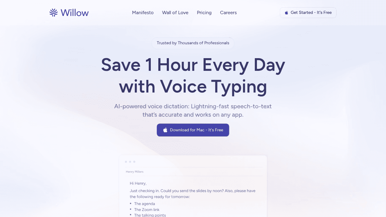 Willow Voice Spanish speech to text software homepage showing real-time dictation features and Mac compatibility