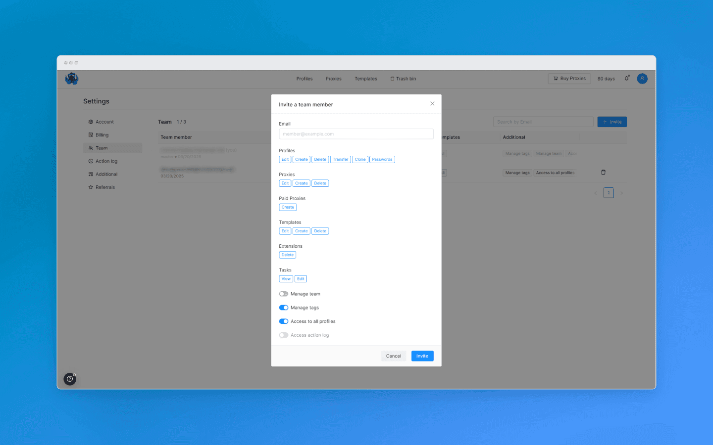 Team settings in Octo Browser