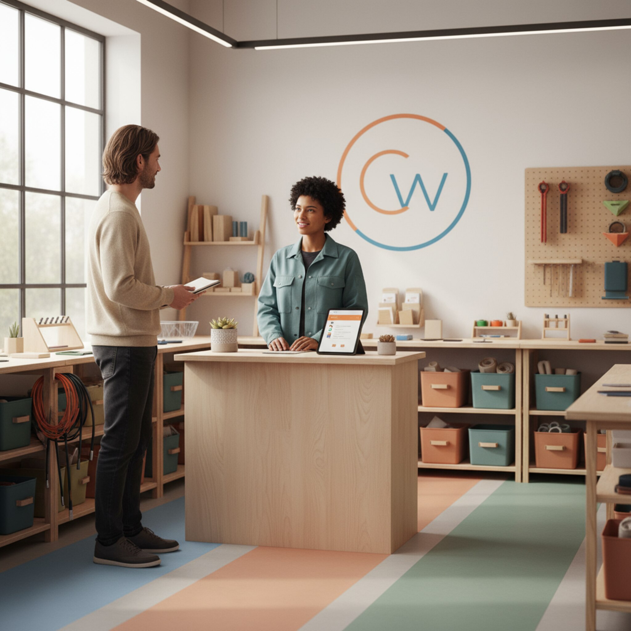 Am Empfang einer aufgeräumten Werkstatt begrüßt eine Mitarbeiterin ein bekanntes Mitglied, beide lächeln kurz. Im Hintergrund sind aufgeräumte Werkbänke und farbkodierte Zonen zu sehen. Ein kurzer, persönlicher Moment, der Zugehörigkeit spürbar macht.