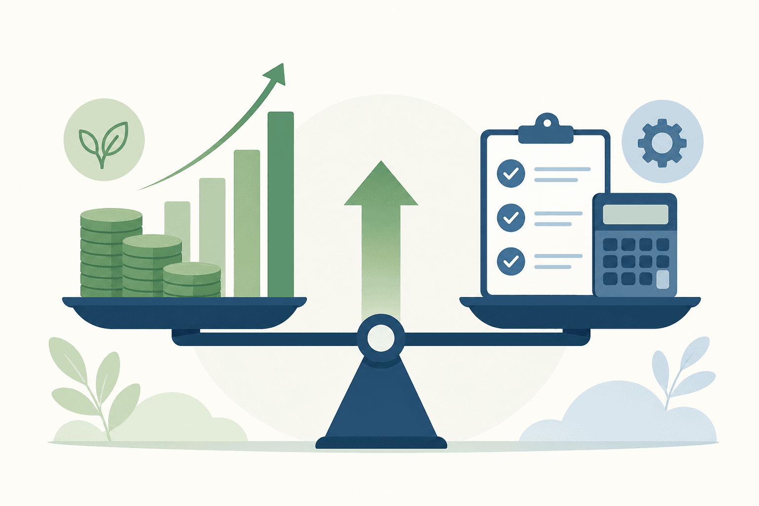A clean flat-style infographic illustration showing two balanced sides of a financial equation or scale. On the left side, stacked coins and rising bar charts representing cost savings and benefits. On the right side, a simple checklist icon and calculator representing cost inputs. Connected by a central arrow or fulcrum pointing upward to indicate positive ROI. Muted green and blue color palette on a light background, minimalist corporate style, no text, no letters, no numbers.