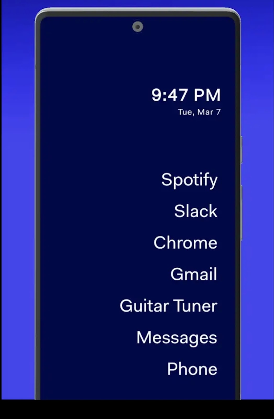 Before Launcher showing text-only app list, reducing visual distractions for digital minimalism and focus