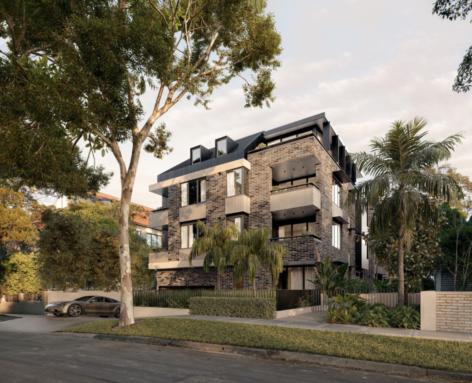 Fletcher House Artarmon exterior showcasing boutique brick apartment building surrounded by greenery, available to buy off the plan with $10k via Coposit.