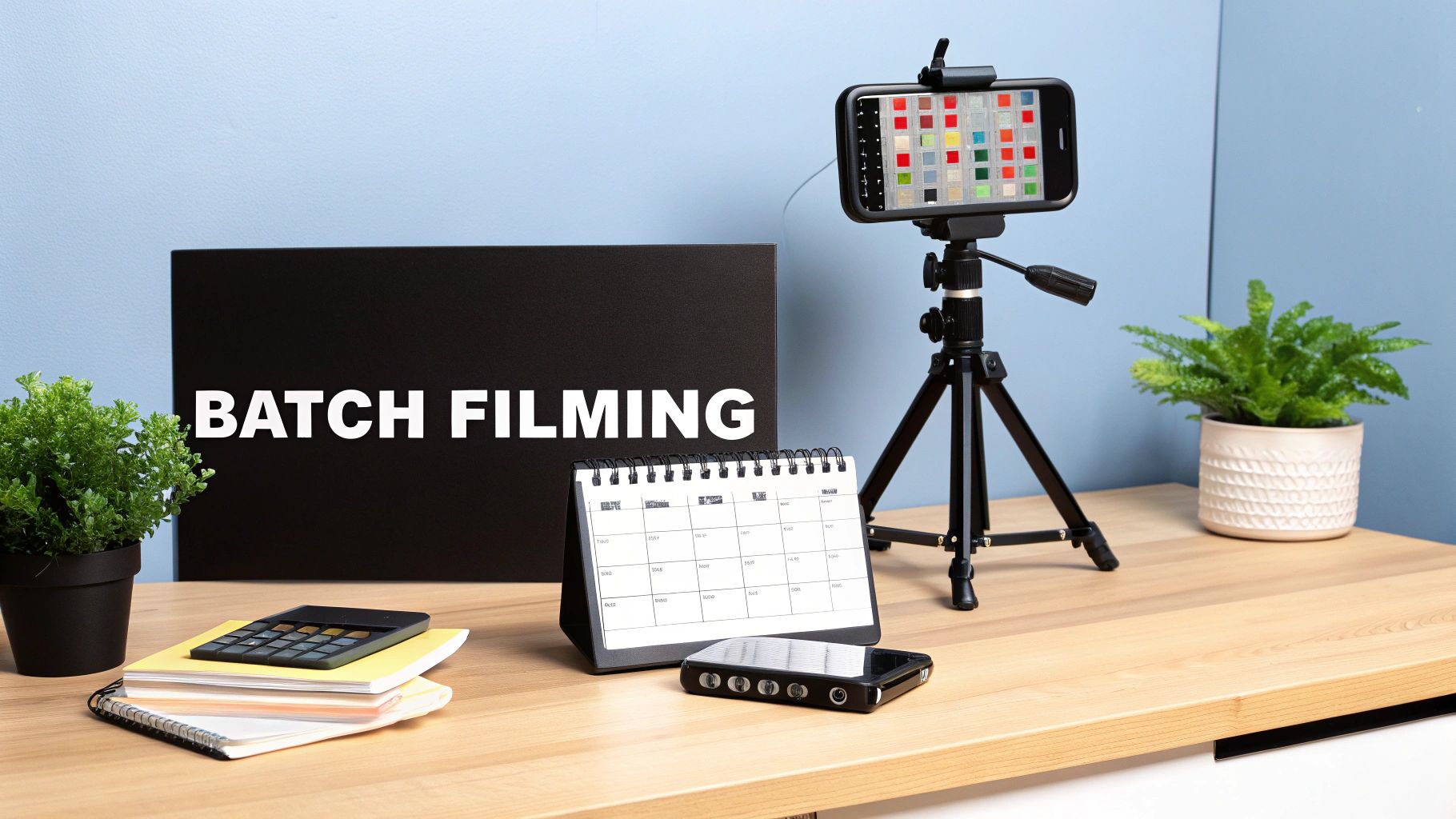 A desk setup featuring a 'BATCH FILMING' sign, a smartphone on a tripod, a calendar, and potted plants.