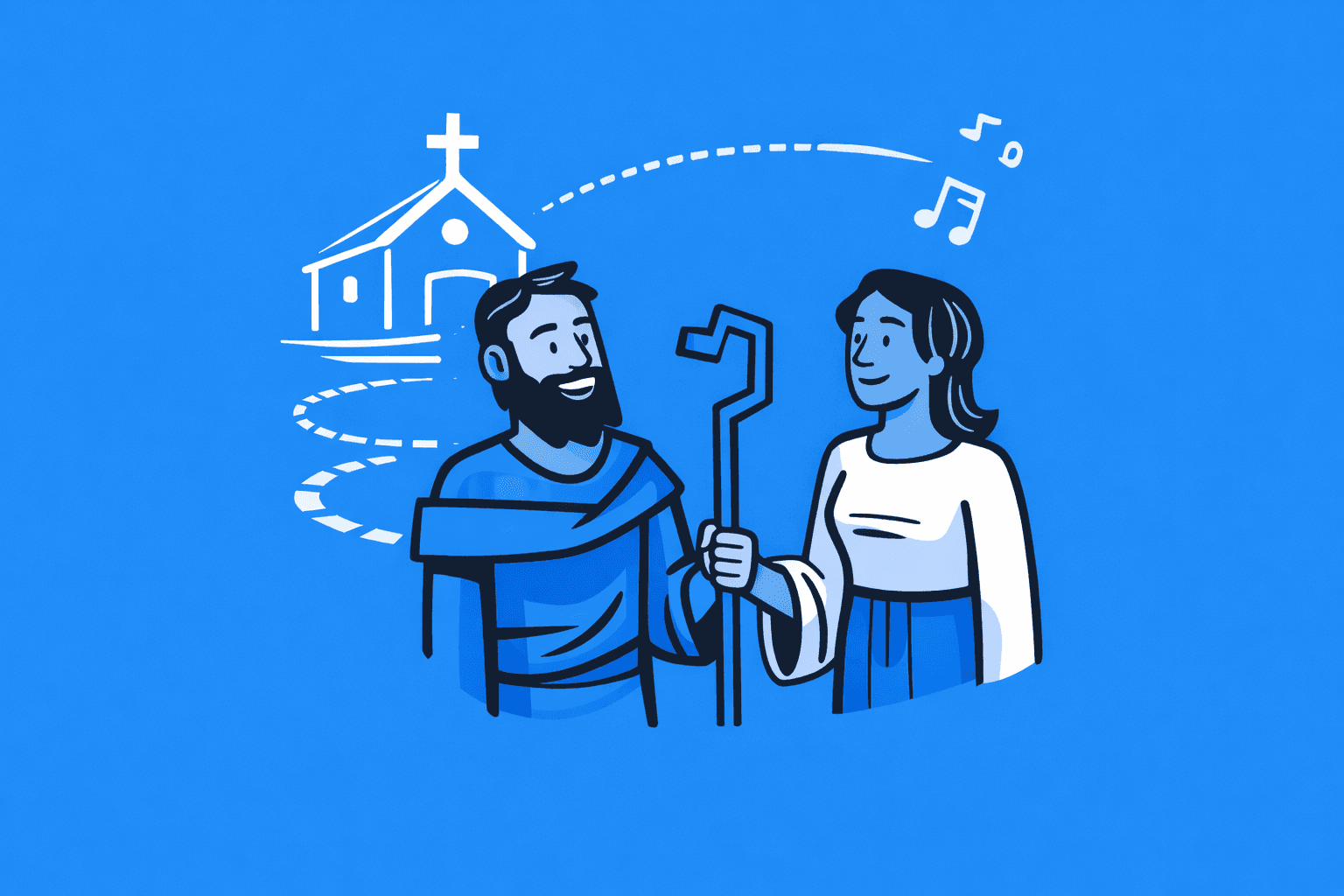 Illustration of two people in conversation with a church in the background, representing community and connection in faith.