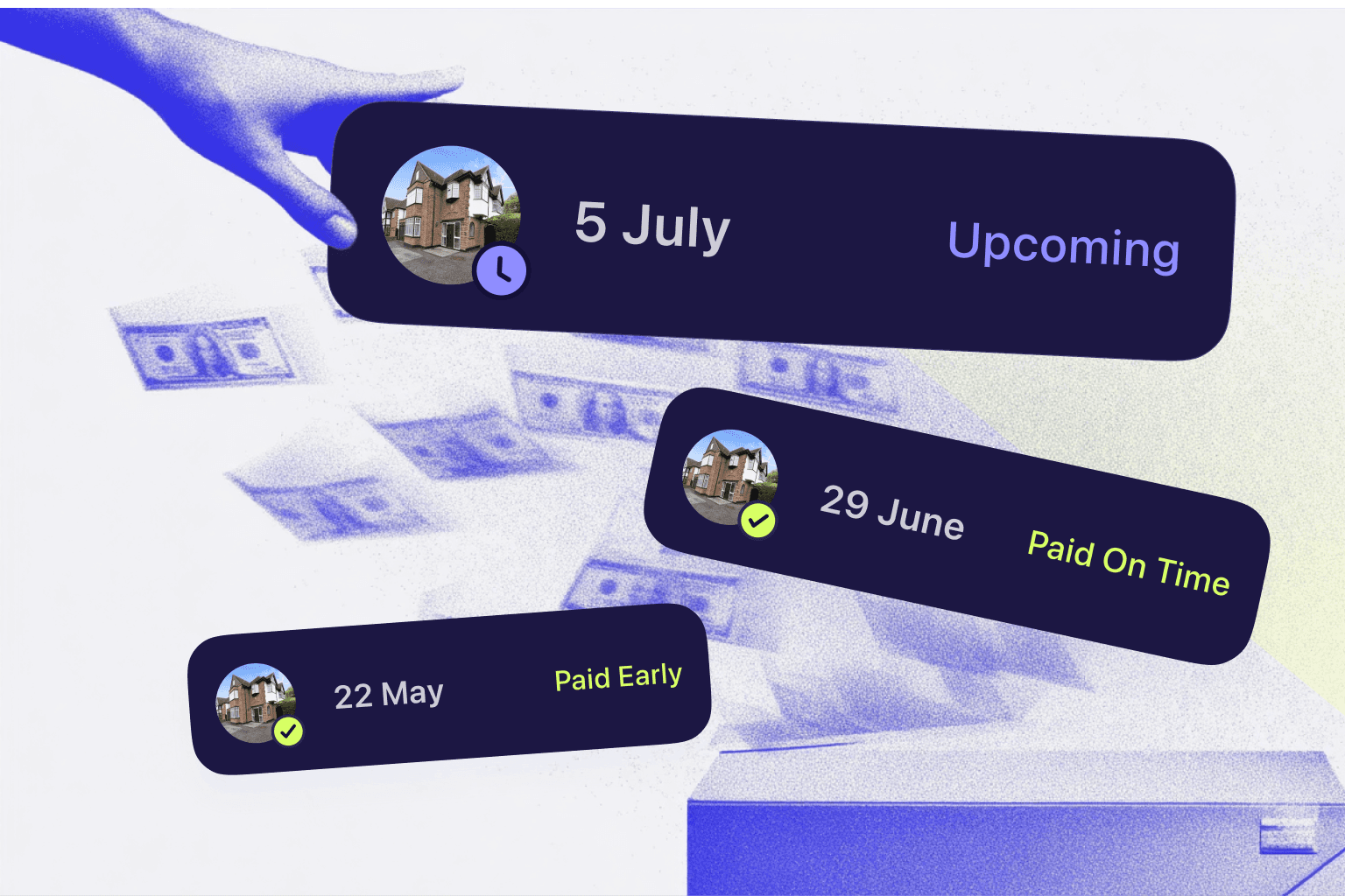 A hand appears to distribute three payment reminders, each marked with varying statuses such as "Upcoming," "Paid On Time," and "Paid Early," alongside a flowing cascade of dollar bills, illustrating the seamless rent management capabilities of a landlord app.