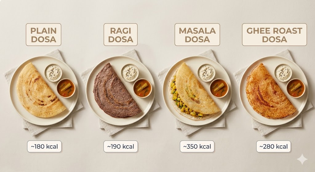 A horizontal infographic comparing four common types of Indian dosa on a light grey background. From left to right: Plain Dosa (~180 kcal), dark-colored Ragi Dosa (~190 kcal), potato-filled Masala Dosa (~350 kcal), and crispy Ghee Roast Dosa (~280 kcal). Each dosa is presented on a cream plate with coconut chutney and sambar. Clear labels and calorie counts are provided for each option.