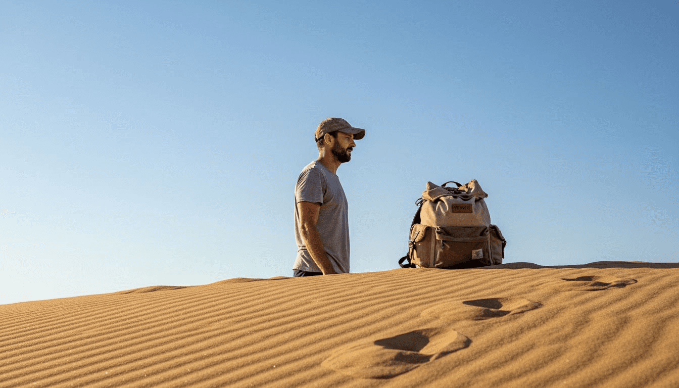 Un homme marche seul sur une dune, baigné par la lumière douce du soleil du matin.