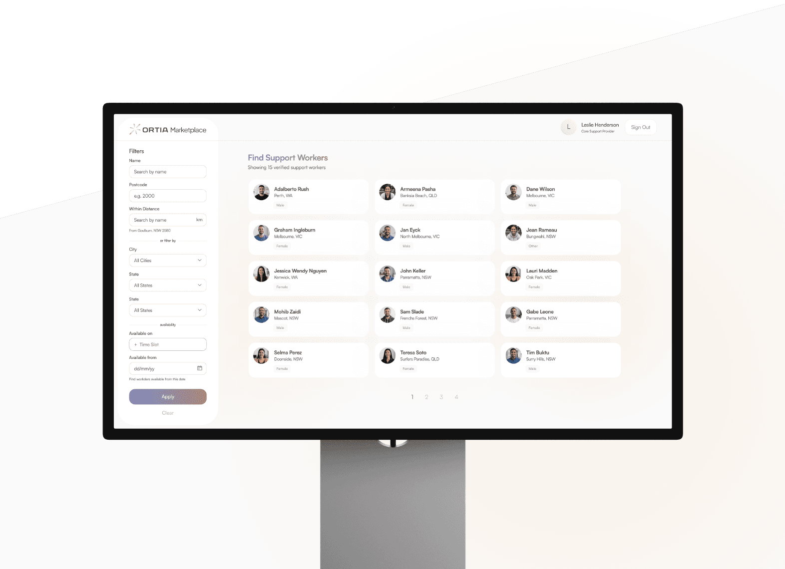 ORTIA dashboard interface displaying data charts, metrics for an NDIS business