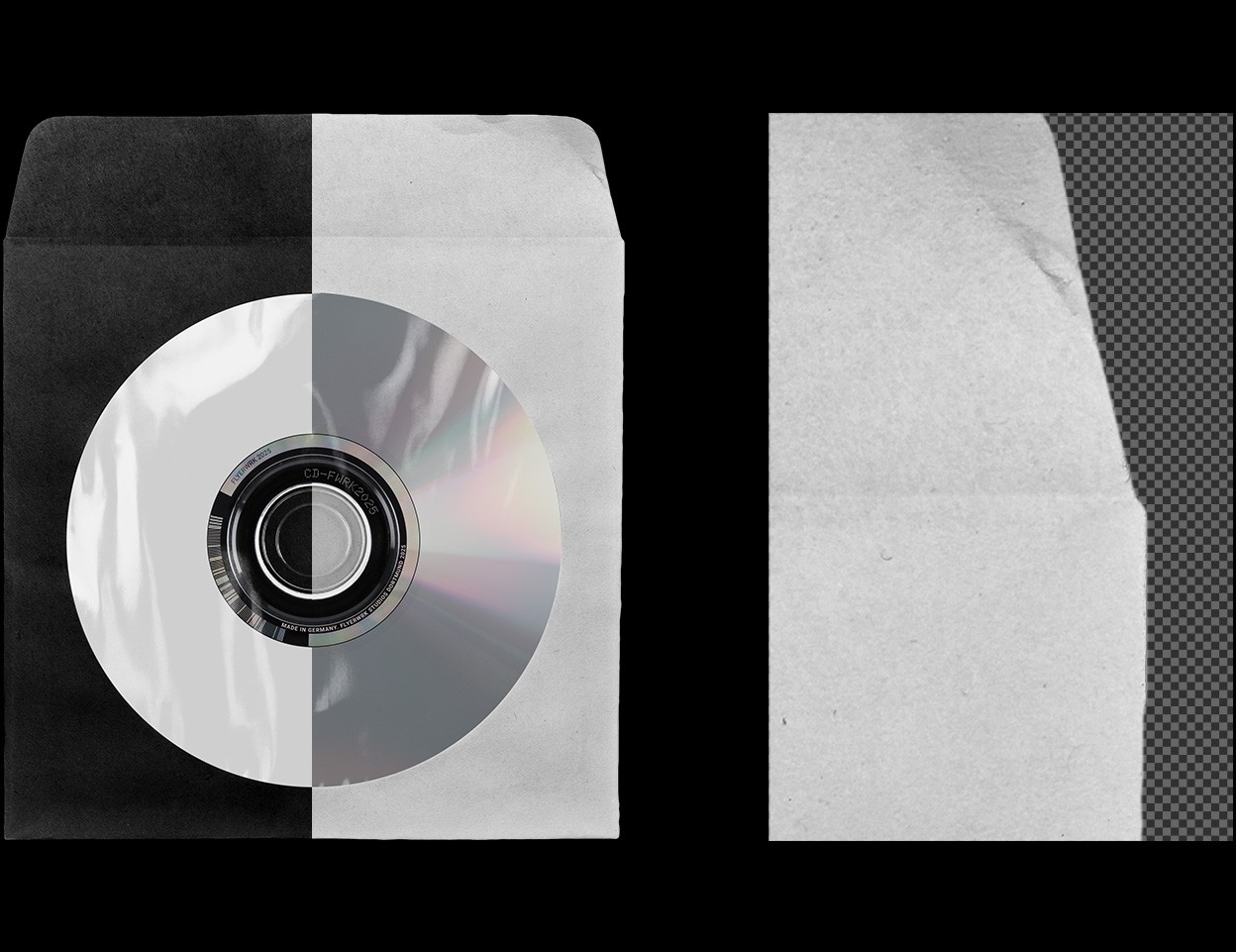 Close-up of the CD paper sleeve mockup highlighting realistic paper grain and transparent plastic overlay details