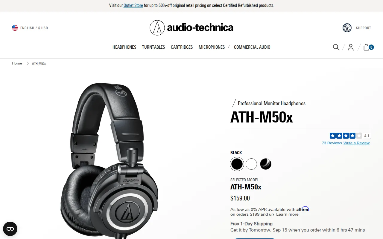 Screenshot of the Audio-Technica ATH-M50x website