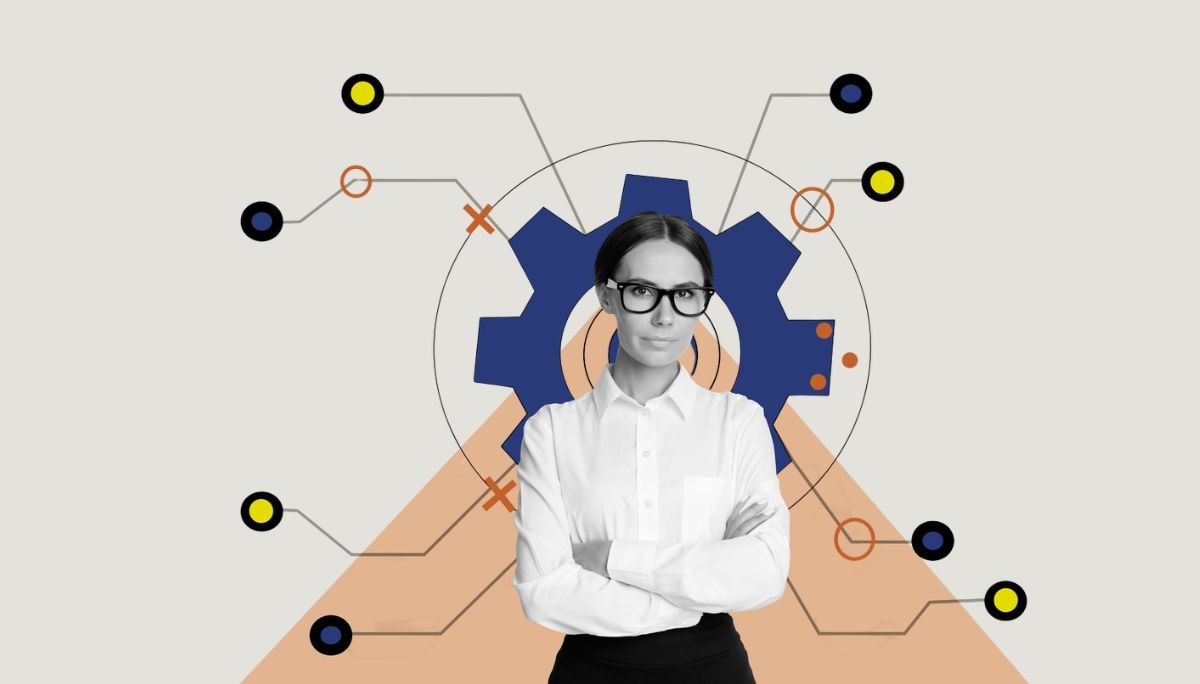 Stylized illustration of engineer with gear and connecting lines, representing embedded systems engineering.