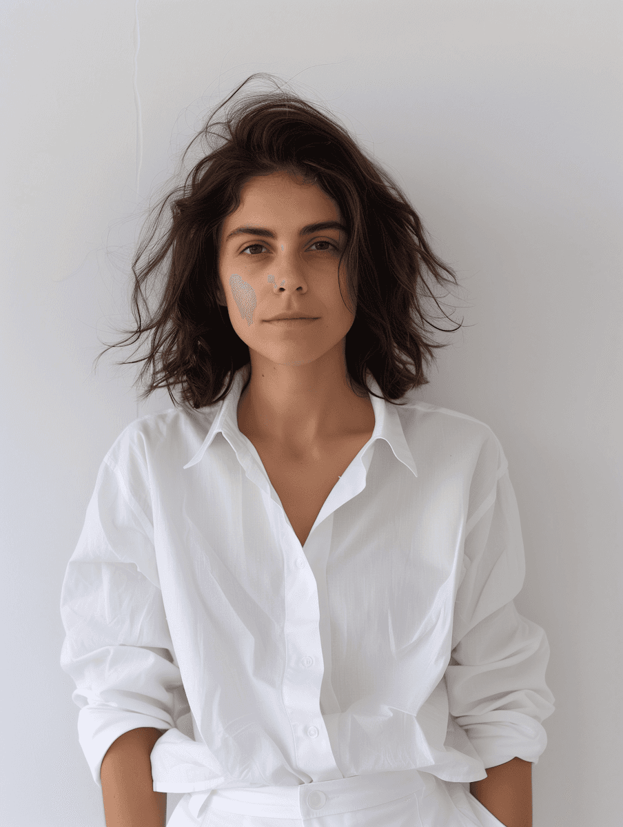 A woman with curly dark hair and a beige shirt stands in soft natural light, creating a serene and minimalistic portrait. professional neutral portrait photo for profile or avatar use .clean, neutral office avatar photo with natural light and simple background