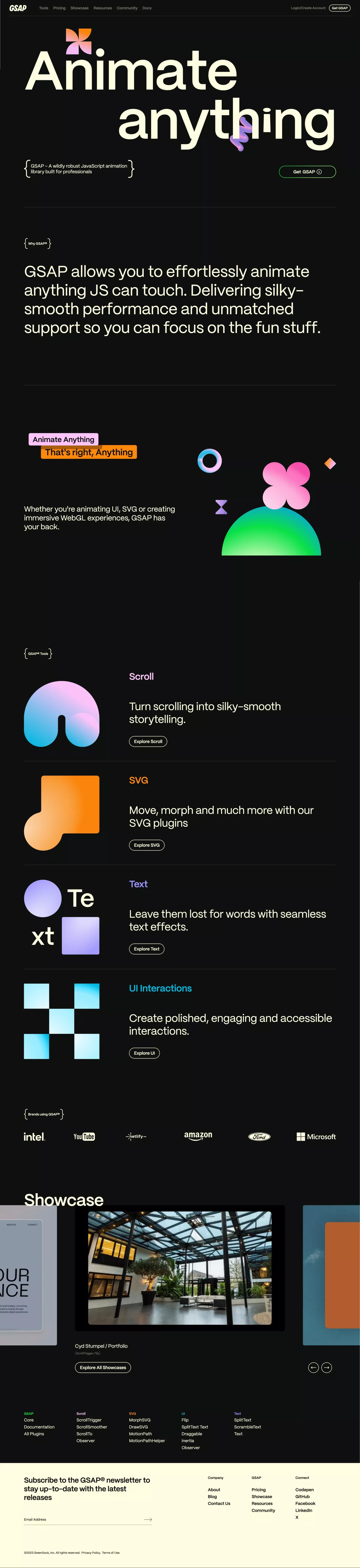 GSAP landing page screenshot showcasing Design and Tech design