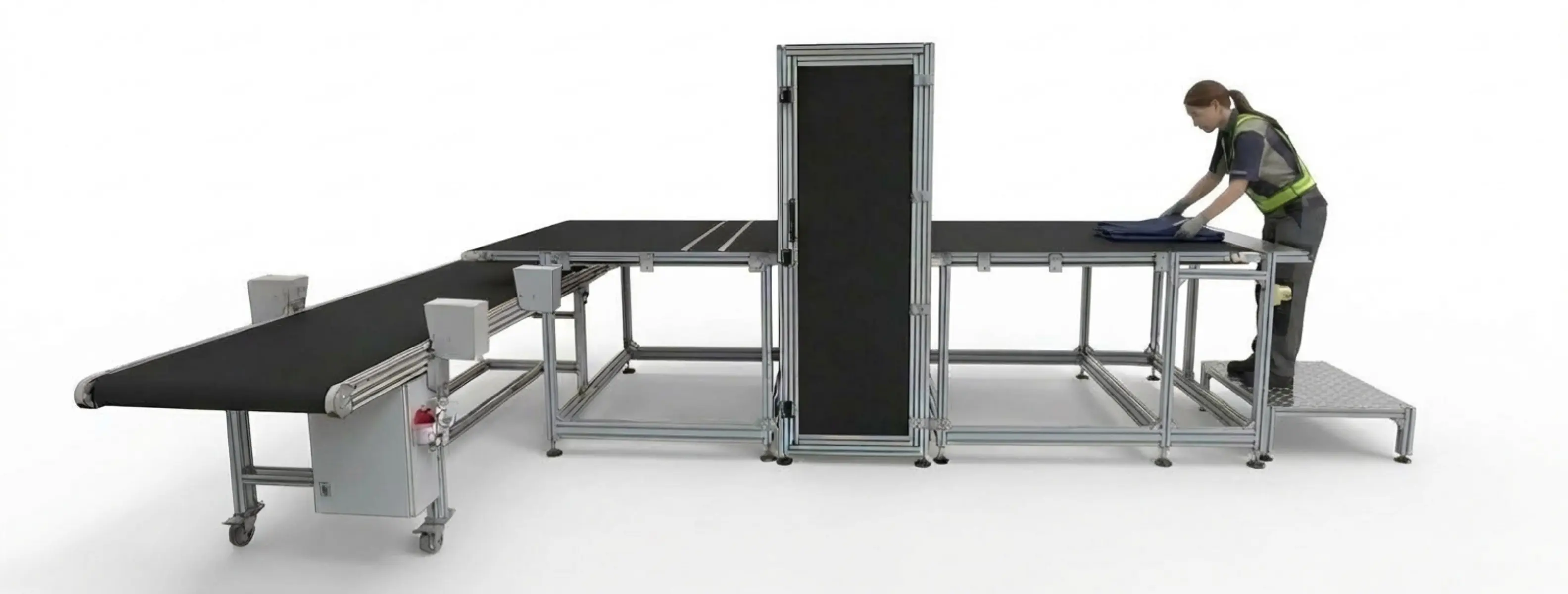 3D diagram of the Sort Mate automated textile grading and sorting workflow, showing a garment moving from operator placement to AI pricing and bale routing.
